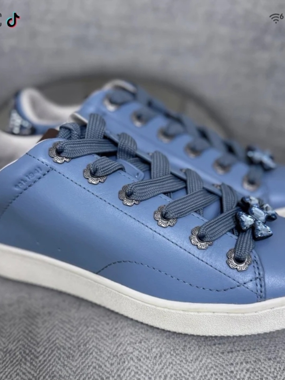 Coach Women Blue Rhinestone Embellished Leather Sneakers/ Crystal Bow Accent 10B - Picture 3 of 16